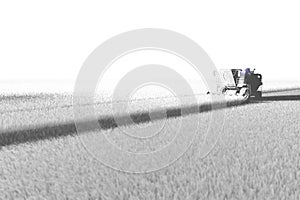 White render in aero photo style of big rye agricultural combine harvester working on field for using as template or background,