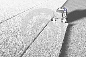 White render of big farm combine harvester working on field for using as template or background, industrial 3D illustration