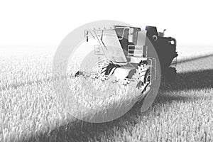 White render of big rye harvester working on field for using as template or background, industrial 3D illustration