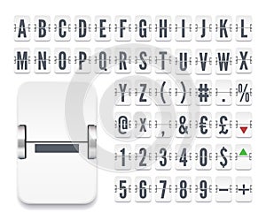 White Retro airline flip board alphabet for stock exchange rates or departure data. Narrow airport terminal mechanical