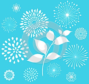 White Retro Floral Clipart on Blue Background