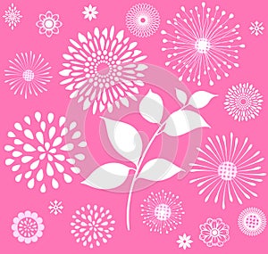 White Retro Floral Clipart on Pink Background