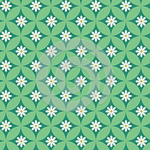 White Retro flower on green mid century modern seamless pattern.