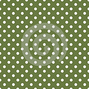 White retro polka dots on a marsh green background. Seamless pattern