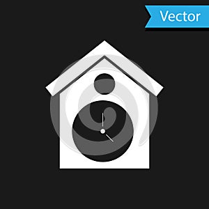 White Retro wall watch icon isolated on black background. Cuckoo clock sign. Antique pendulum clock. Vector