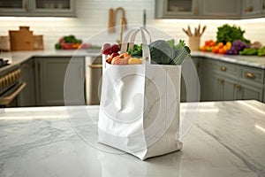 White reusable shooping bag on kitchen table. Generative Ai photo