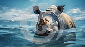 Surrealistic White Rhino Swimming In Blue Water photo