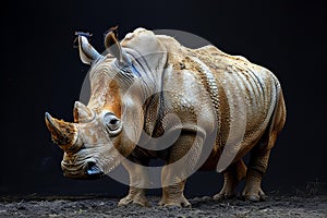 White rhino standing on black background, animal photography, high definition photo photo