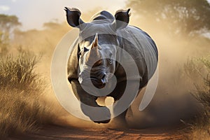 White rhinoceros Ceratotherium simum running in the savannah, rhino in the wild, AI Generated