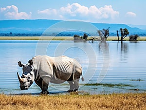 White rhinoceros grazing at lake Kenia