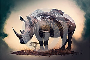 White rhinoceros in savannah landscape drinking water from pond