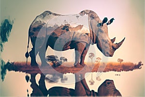 White rhinoceros in savannah landscape drinking water from pond