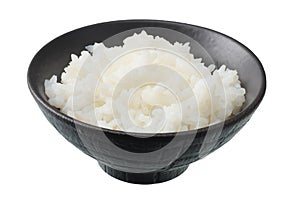 White rice in black bowl isolated on white background