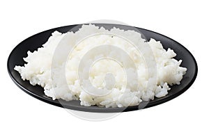 White rice in black bowl isolated on white background