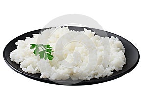 White rice in black bowl isolated on white background