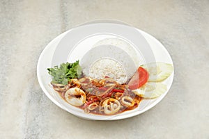 white rice with chili squid