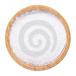 White rice flour powder in wooden bowl isolated on white. Top view