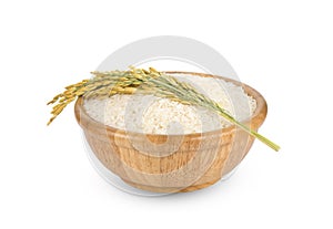 White rice Thai Jasmine rice in the wooden bowl with unmilled rice isolated on white background