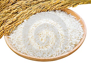 White rice Thai Jasmine rice in wooden plate and unmilled rice isolated on white background