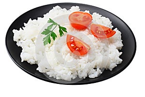 White rice with tomato in black bowl isolated on white background