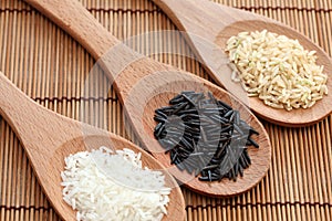 White rice and wild rice & brown rice in a wooden spoons