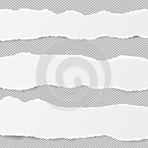 White ripped blank horizontal note paper strips for text or message stuck on gray background.