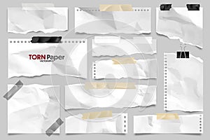 White ripped crumpled paper strips collection. Realistic paper scraps with torn edges and adhesive tape. Sticky notes