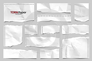 White ripped crumpled paper strips collection. Realistic paper scraps with torn edges. Sticky notes, shreds of notebook