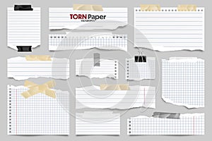 White ripped lined paper strips collection. Realistic paper scraps with torn edges and adhesive tape. Sticky notes