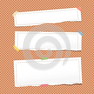 White ripped note, copybook, notebook paper strips with lined frame stuck on orange squared background.