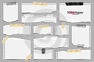 White ripped paper strips collection. Realistic paper scraps with torn edges and adhesive tape. Sticky notes, shreds of