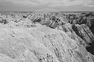 White River Valley Overlook in Badland national park during summer. Badland landscape South Dakota. Black and white