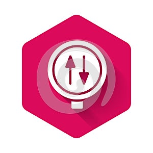 White Road sign warning two way traffic icon isolated with long shadow background. Pink hexagon button. Vector