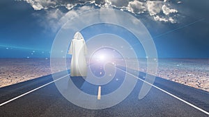 White robed man and road