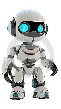 A white robot with blue eyes standing in front of a transparent background. Cutout