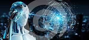 White robot using digital triangle exploding sphere hologram 3D
