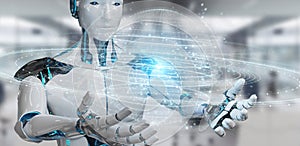 White robot using digital triangle exploding sphere hologram 3D