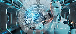White robot using digital triangle exploding sphere hologram 3D