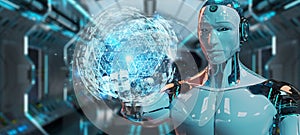 White robot using digital triangle exploding sphere hologram 3D