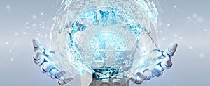 White robot using digital triangle exploding sphere hologram 3D