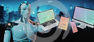 White robot connecting modern smartphone tablet laptop and computer 3D rendering