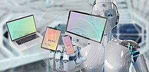 White robot connecting modern smartphone tablet laptop and computer 3D rendering