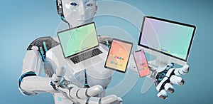 White robot connecting modern smartphone tablet laptop and computer 3D rendering