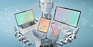 White robot connecting modern smartphone tablet laptop and computer 3D rendering
