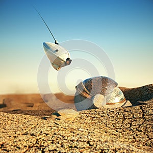 White robot drone hovering over obsolete space helmet in cracked desert on other planet. sci-fi concept 3d render