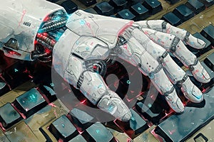 White robot hand on black keyboard as symbol of future technology concept.