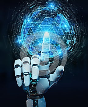 White robot hand using digital triangle exploding sphere hologram 3D rendering