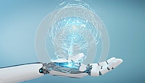 White robot hand using digital triangle exploding sphere hologram 3D rendering