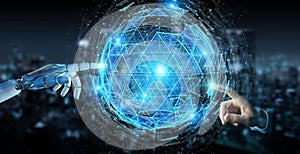 White robot hand using digital triangle exploding sphere hologram 3D rendering