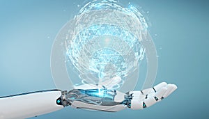 White robot hand using digital triangle exploding sphere hologram 3D rendering